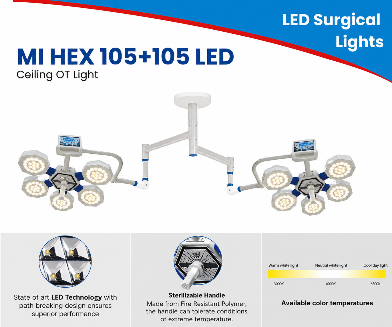 OR Lamp Ceiling mounted Double Dome LED OT Light Surgical Operating Lamp 105+105