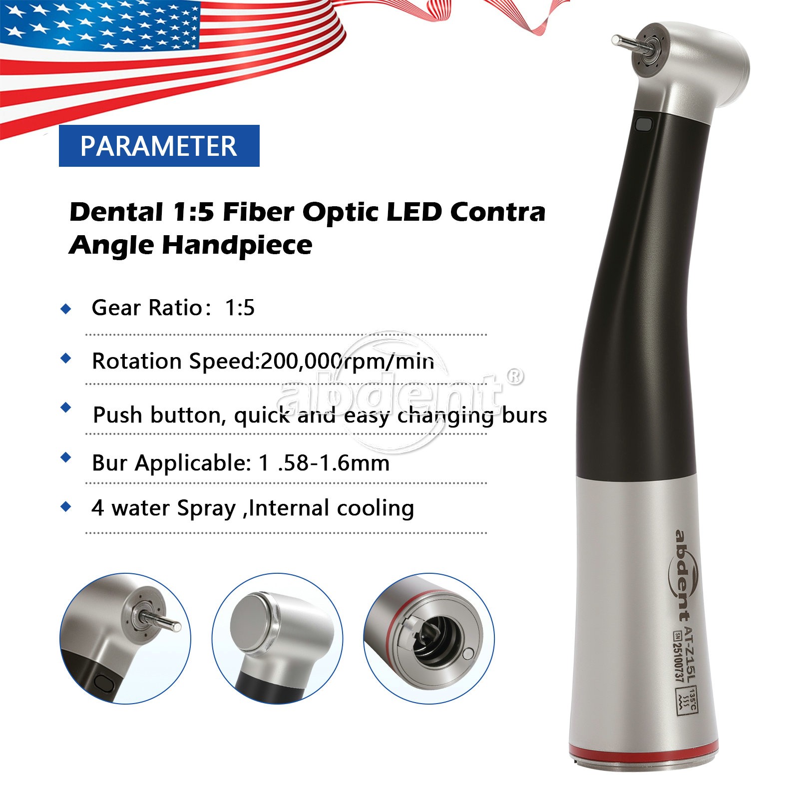 Abdent Dental 1:5 LED Fiber Optic Increasing Contra Angle Handpiece CE New