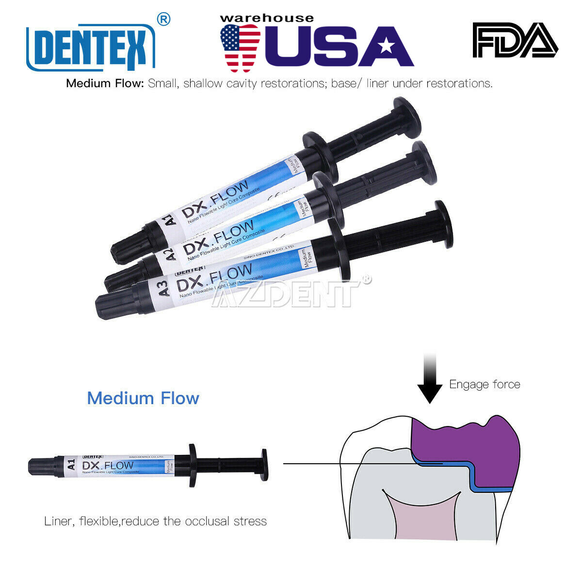 Dental Light Cure Flowable Composite Resin Medium Flow A1/A2/A3 Shade DENTEX