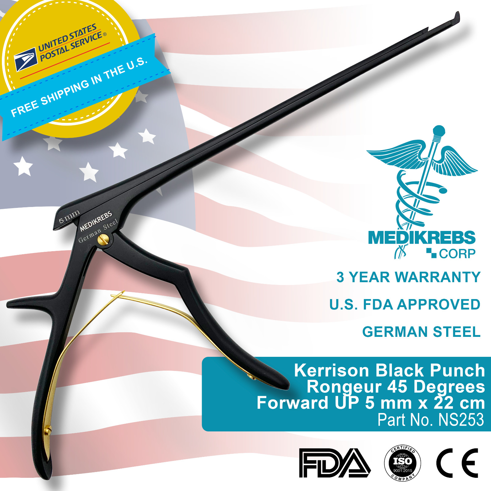 Kerrison Black Punch Rongeur 45 Degrees Forward UP 5 mm x 22 cm OR Grade