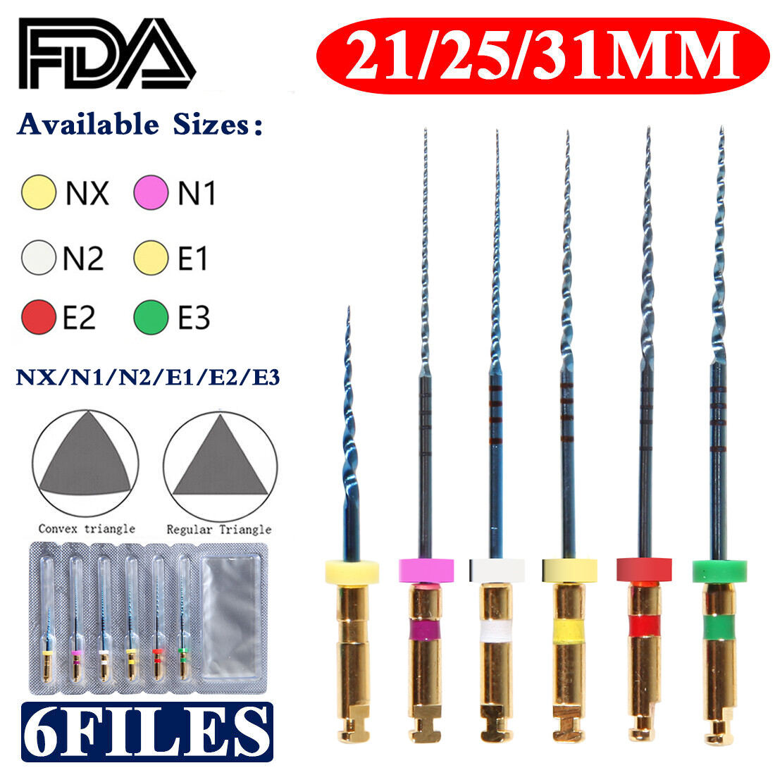 6pcs 21mm/25mm/31mm Dental Endo Root Canal Rotary NiTi File