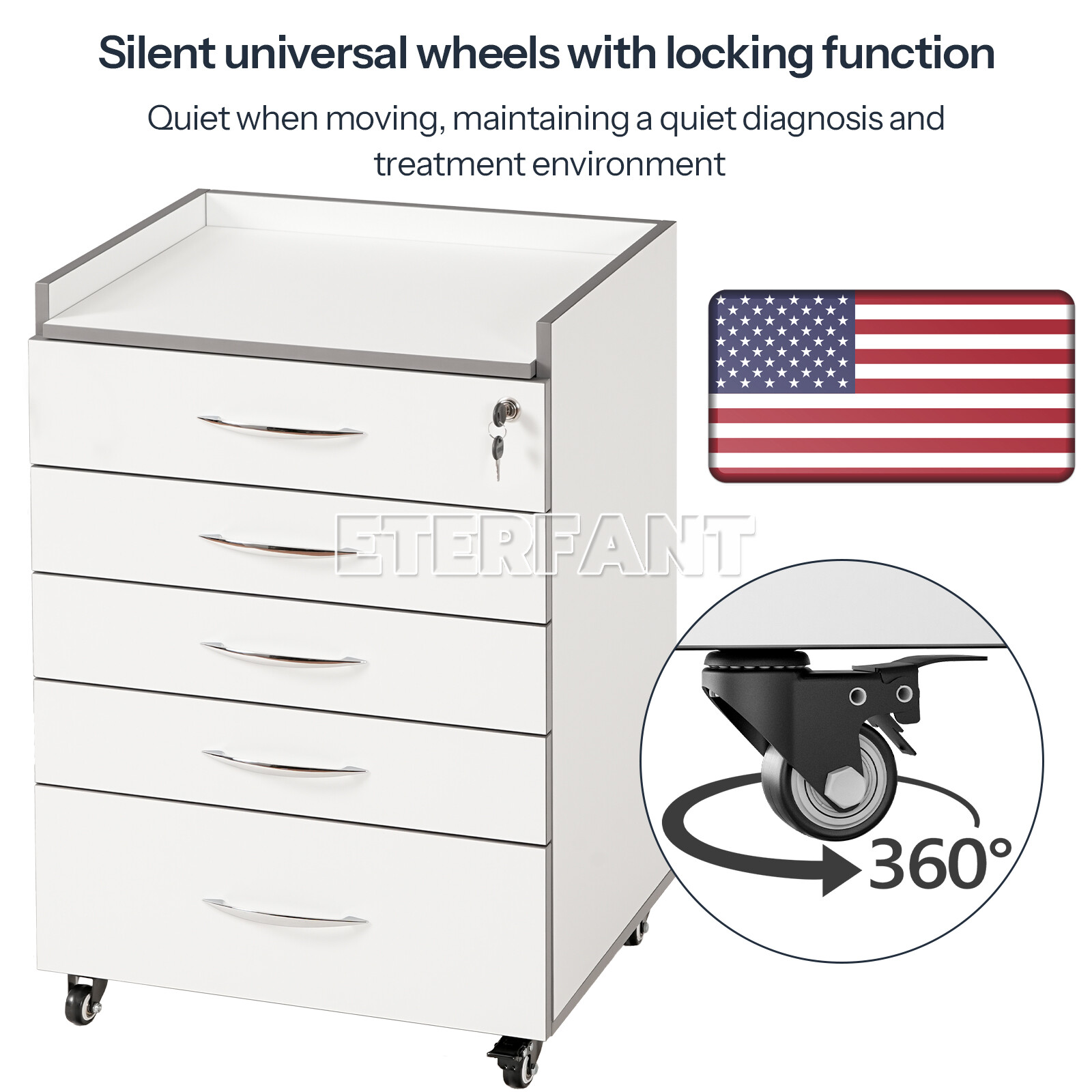 5 Drawers Dental Medical Trolley Cart Acrylic Mobile Wooden Cabinet Rolling Cart