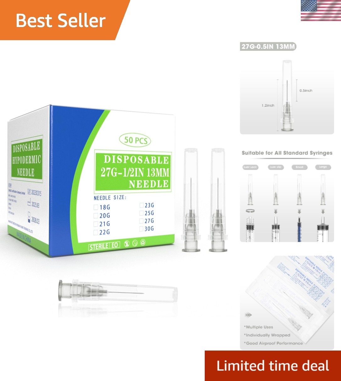 50 Pack 27 Ga 1/2 inch Disposable Needles with Caps for Scientific and Indus…