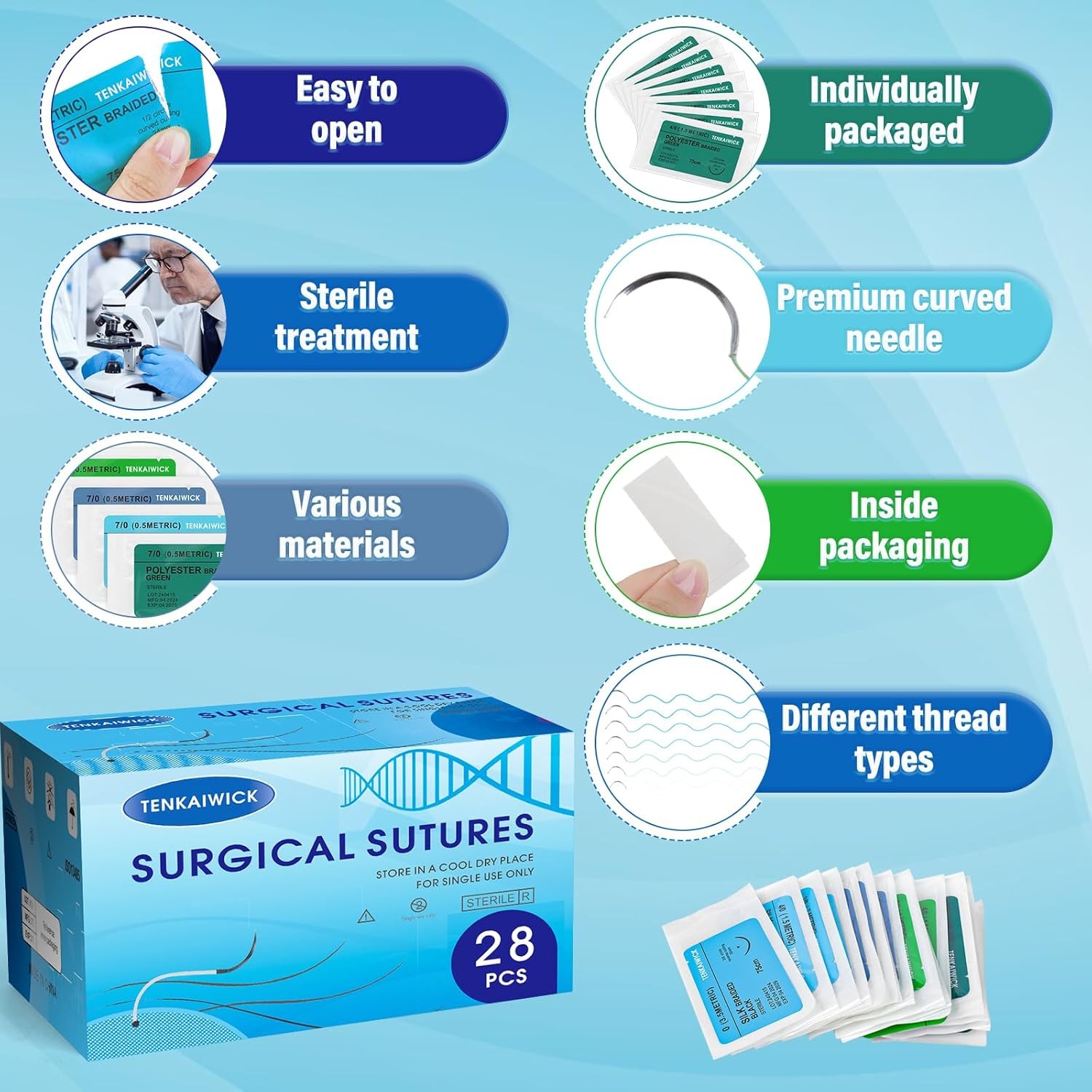28 Packs Sutures Thread with Needle, Mixed Sutures, Training Threads(0,2/0,3/0,4