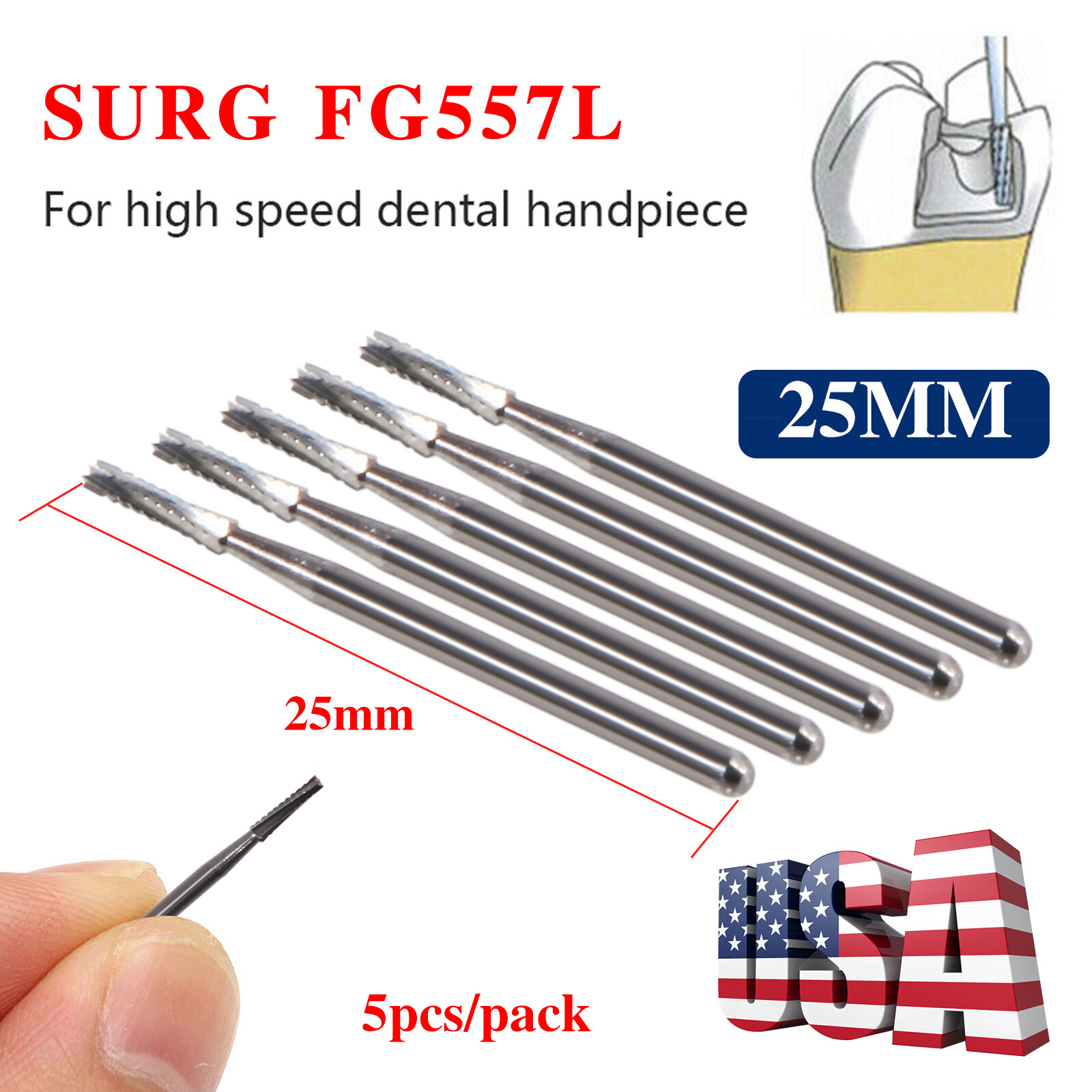 5PCS Dental Carbide Surgical Burs FG 557L SURG 25mm Bur for High Speed Handpiece