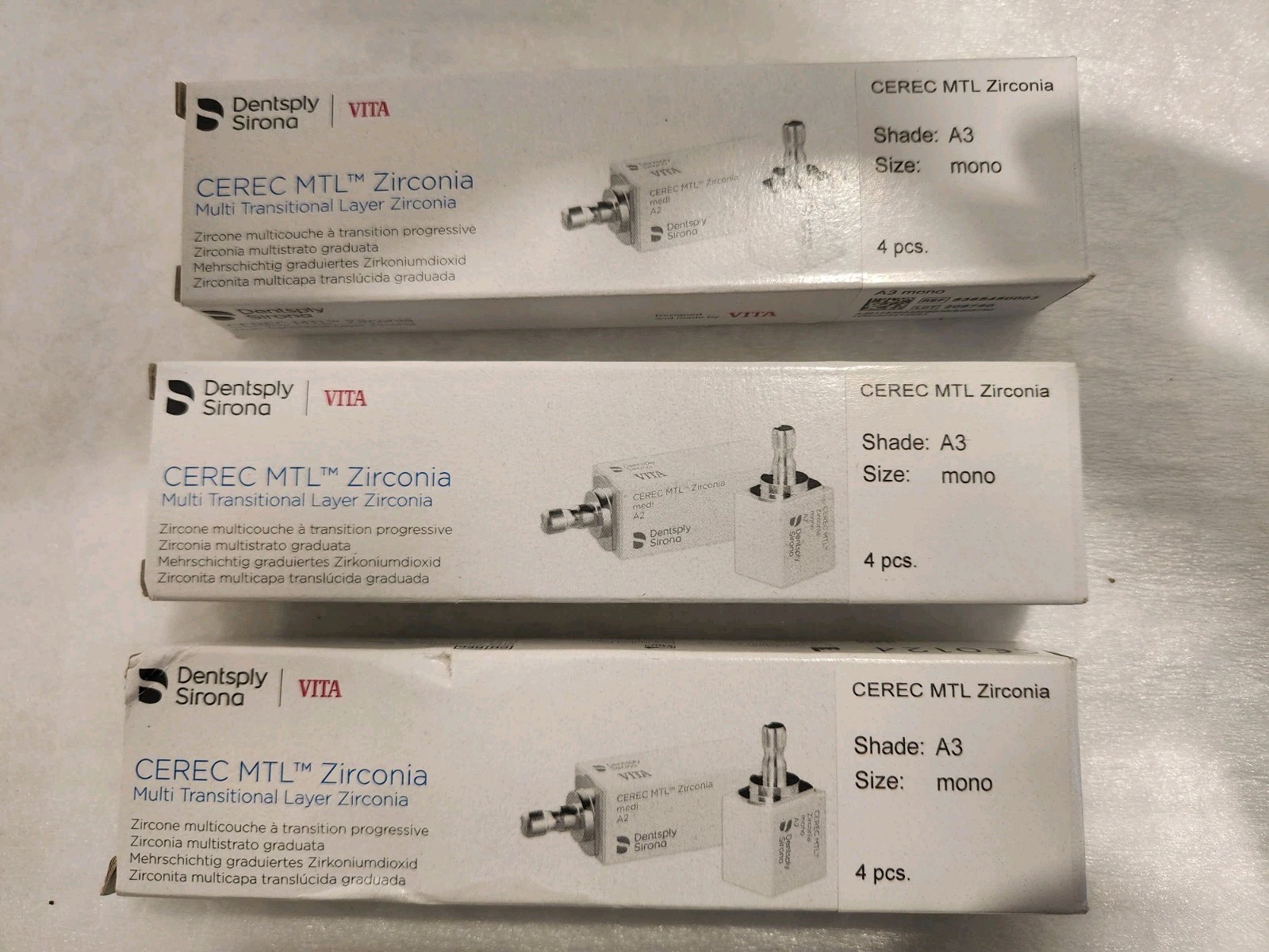 3x CEREC – Dentsply Sirona / VITA / MTL A3 – MONO / 12 Zirconia blocks