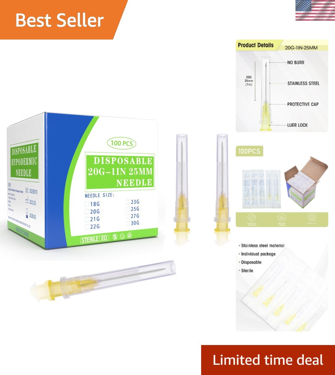 Professional Quality 100 Pack 20Ga 1-Inch Sterile Disposable Needles for Lab Use