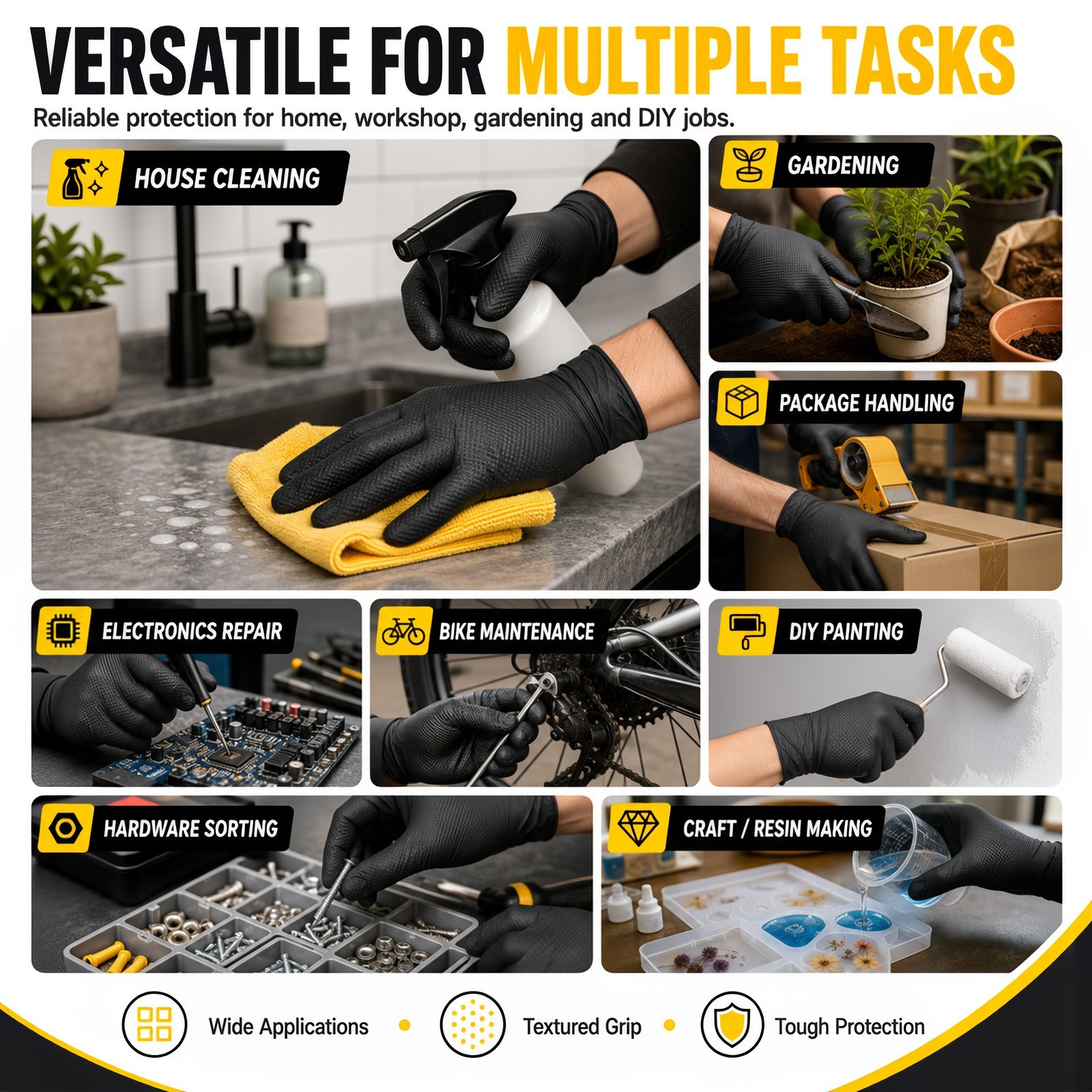 1000 Pcs Heavy Duty 8 Mil Nitrile Gloves, Diamond Grip, Black, Size M