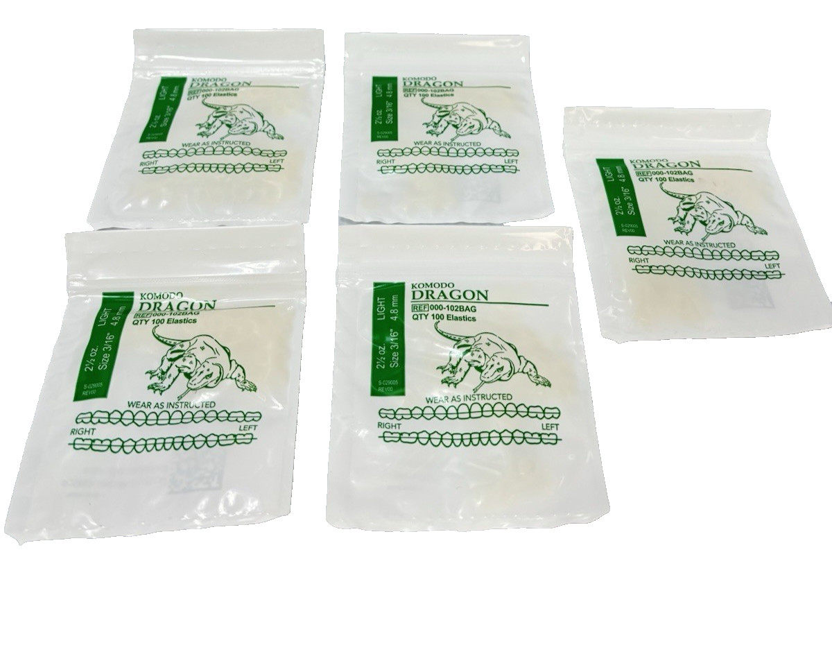 Komodo Dragon Orthodontic Elastics Light Size 2.5oz 3/16 -5 Packs (100 per ) NEW