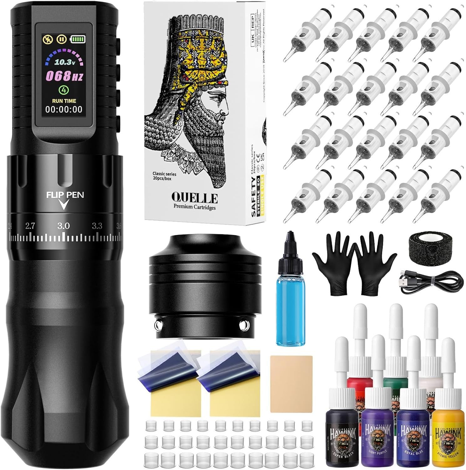 HAWINK Tattoo Kit Gun Wireless Machine Normal/Stippling Black