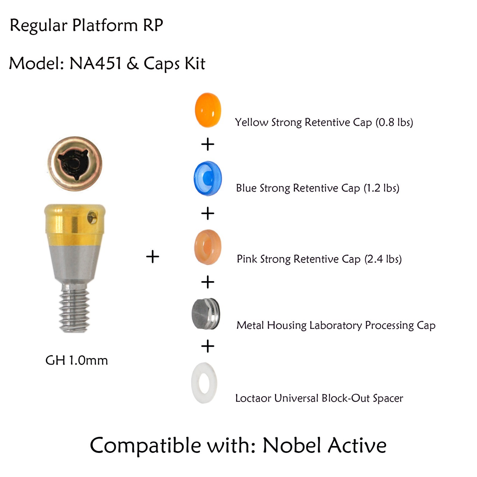 US Attachment Locator Abutment For Nobel Active NP/RP 1-5mm & Male Cap Inserts