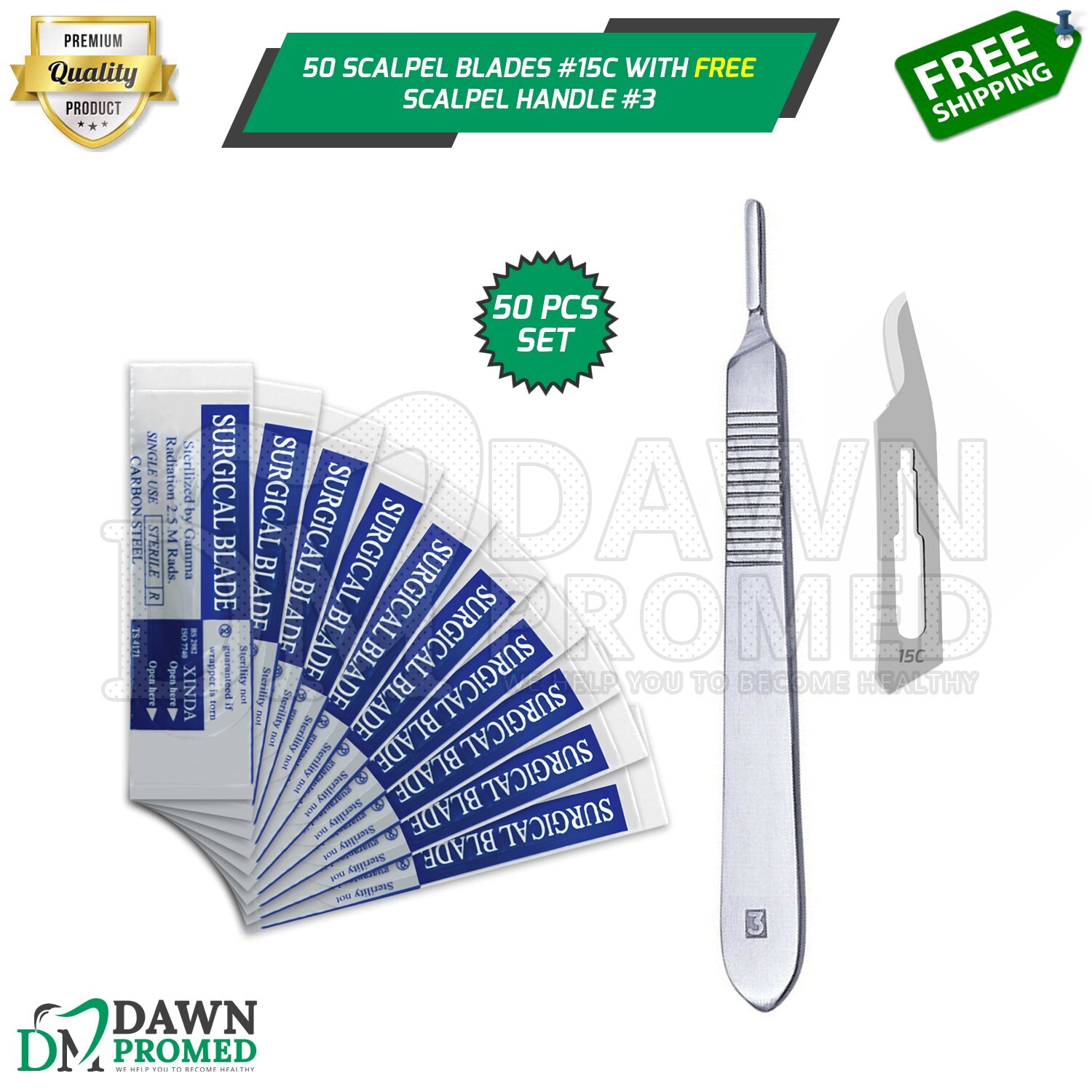 50 Sterile Surgical Blades #15C with BP Scalpel Handle #3 Medical ENT Dental