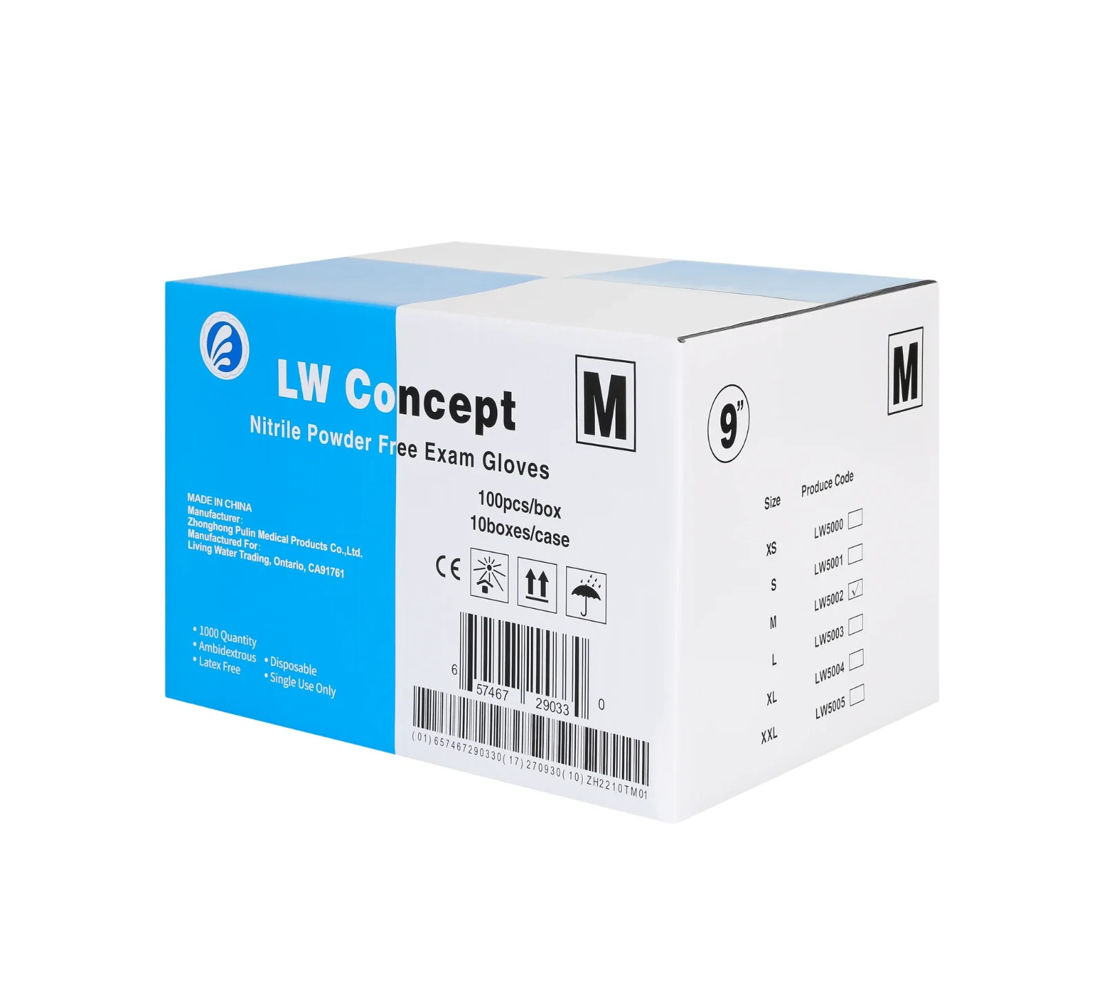 LW Concept Nitrile Powder Free Exam Gloves, Blue, Size Medium, 100/Box
