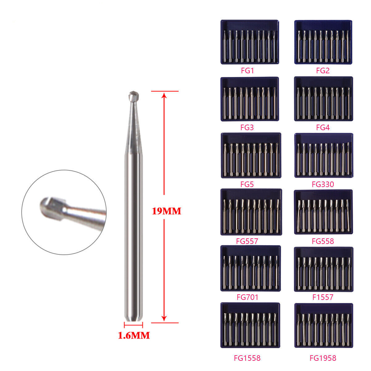 Dental Carbide Tungsten Steel Drills Burs FG Burr for High Speed Handpiece 1.6mm