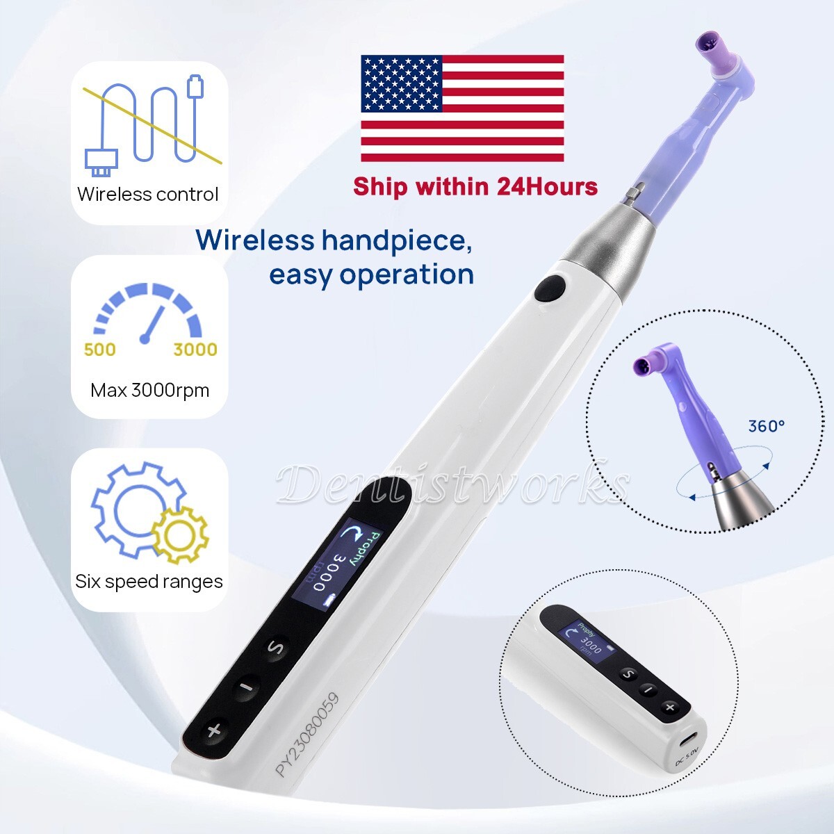 Dental Wireless Electric Hygiene Prophy Handpiece +2Pcs Universal Prophy Angles