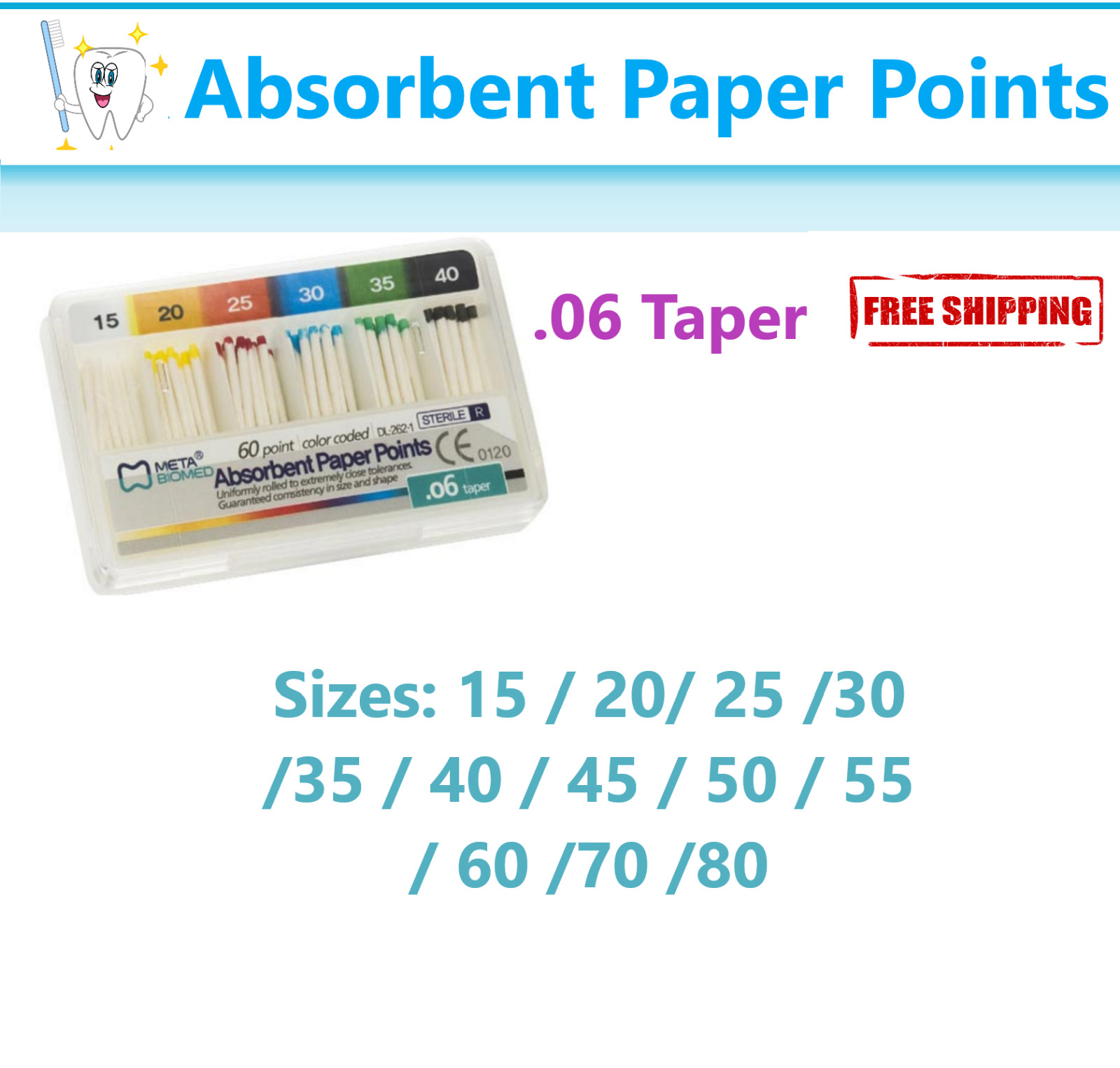 Dental Endo Absorbent Paper Points Point .04 & .06 Tapered, Standart Sizes Meta