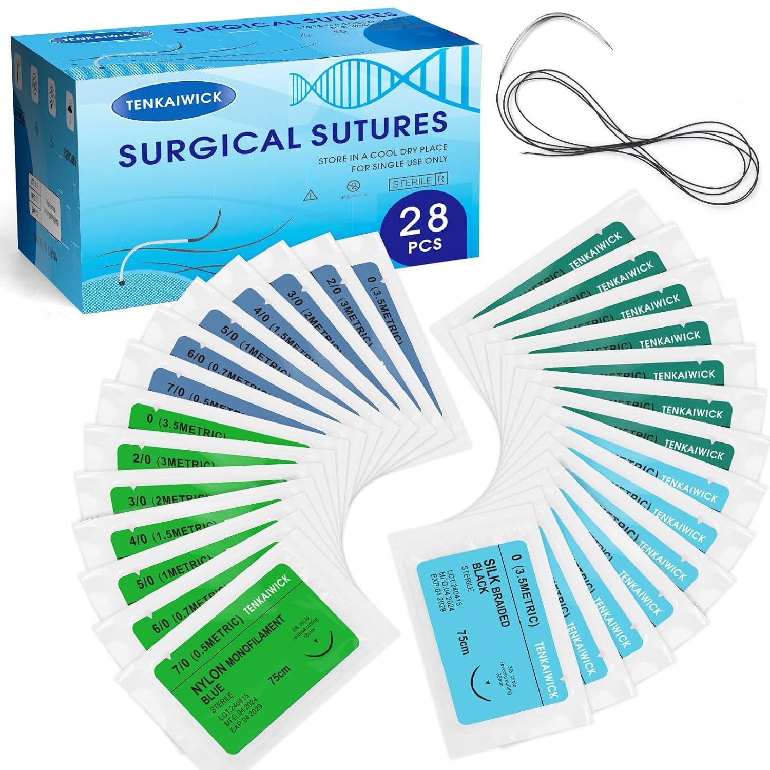 28 Packs Sutures Thread with Needle, Mixed Sutures, Training Threads(0,2/0,3/0,4