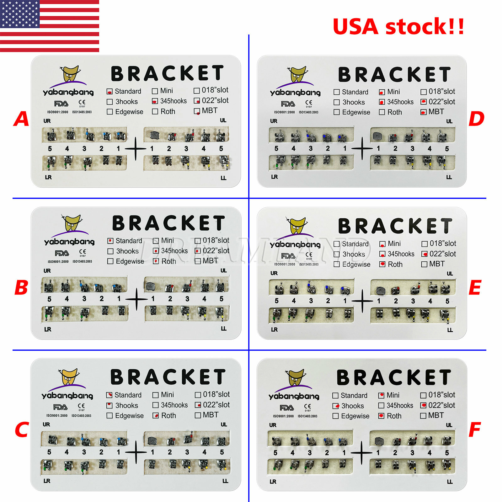 Yabangbang Dental Ortho Brackets Braces Mini/Standard MBT/Roth 022/018 Hooks 345