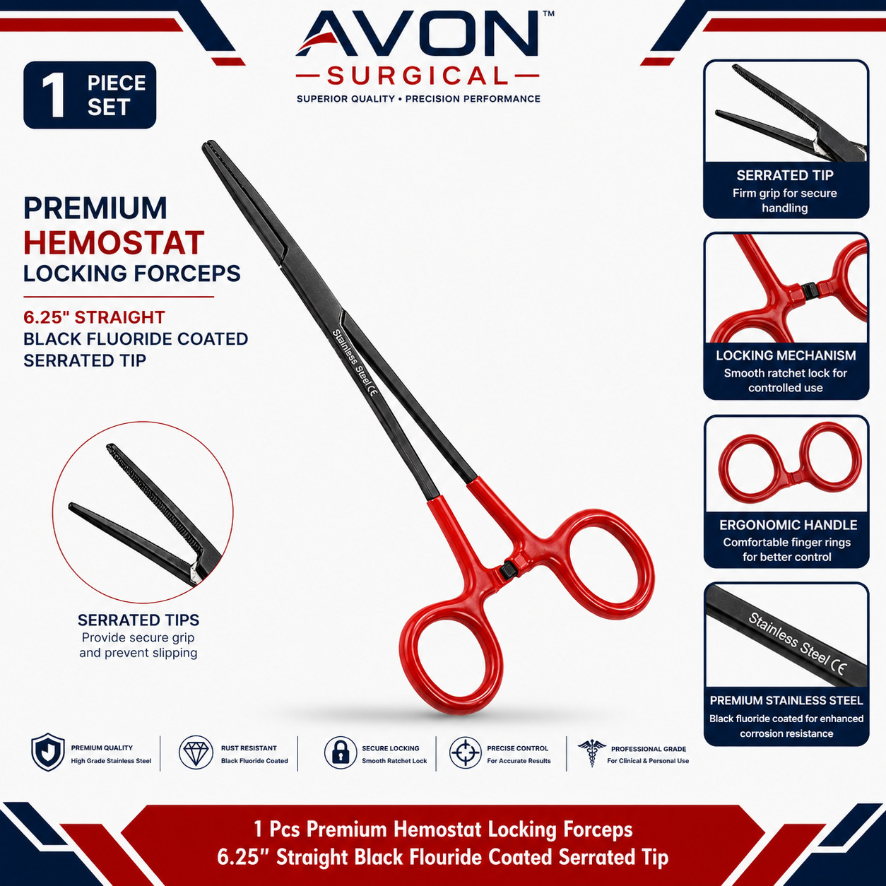 6.25″ Multi-Purpose Hemostat Forceps Pliers, Locking, Red Vinyl Grip, Black Flou