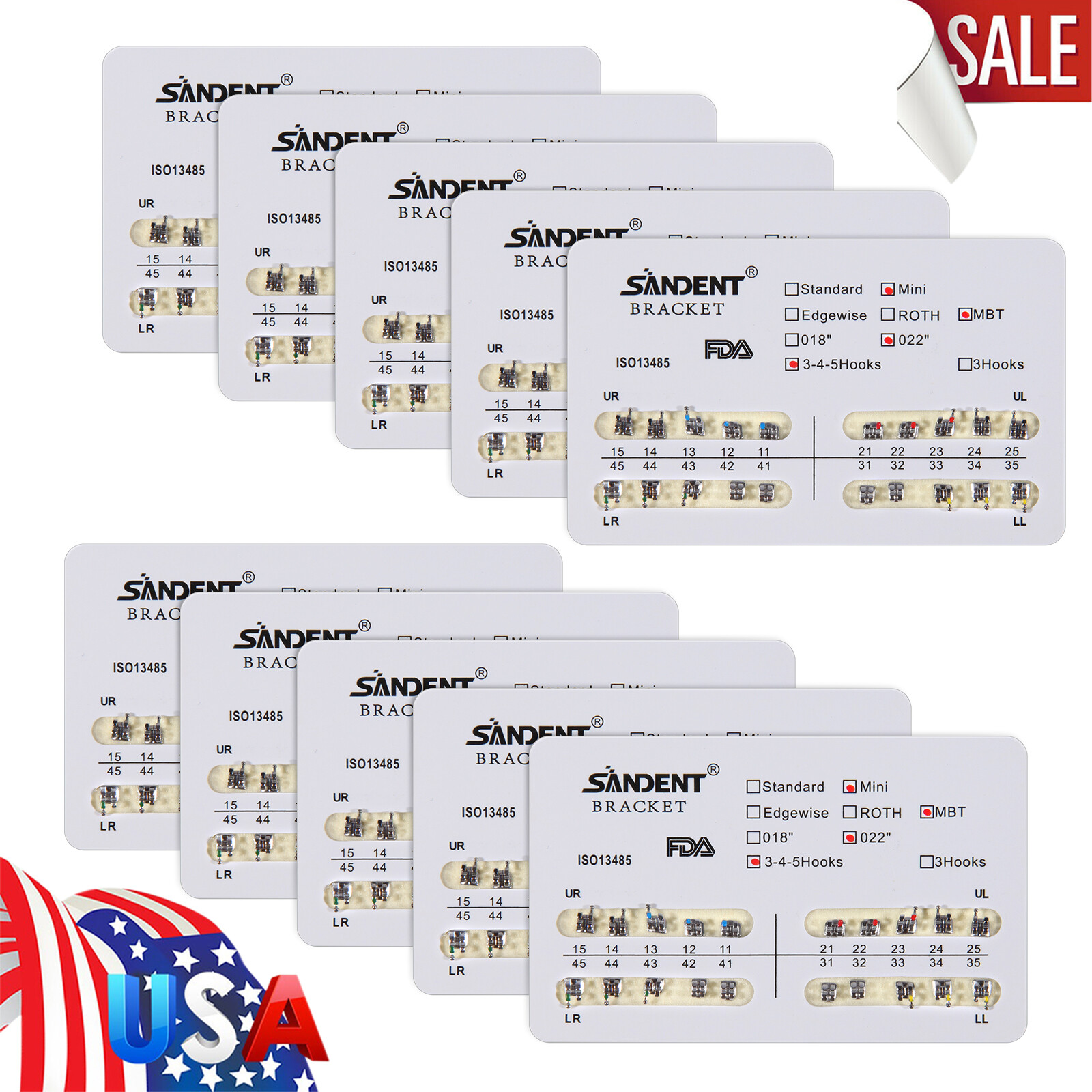 10 Packs Orthodontics Mini MBT Slot.022 Hooks 3-4-5 Brackets Braces Metal US-SK