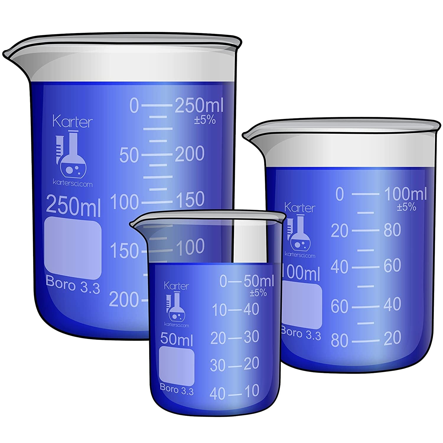 24 Glass Beaker Sets, Karter Scientific 3.3 Boro, Griffin Low Form, -3 Sizes-