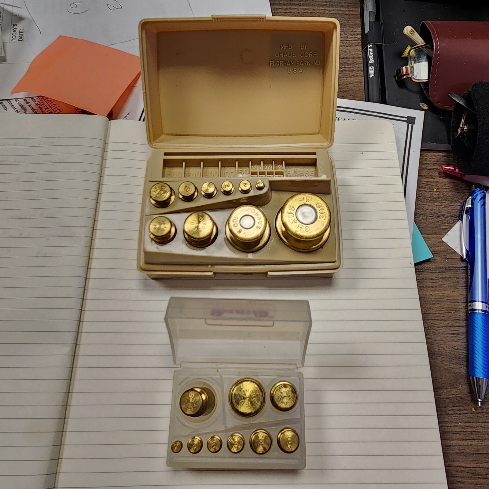 Vintage OHAUS Brass Calibration Weight Set- 10 Piece, Ranging From 1 Gram To 200