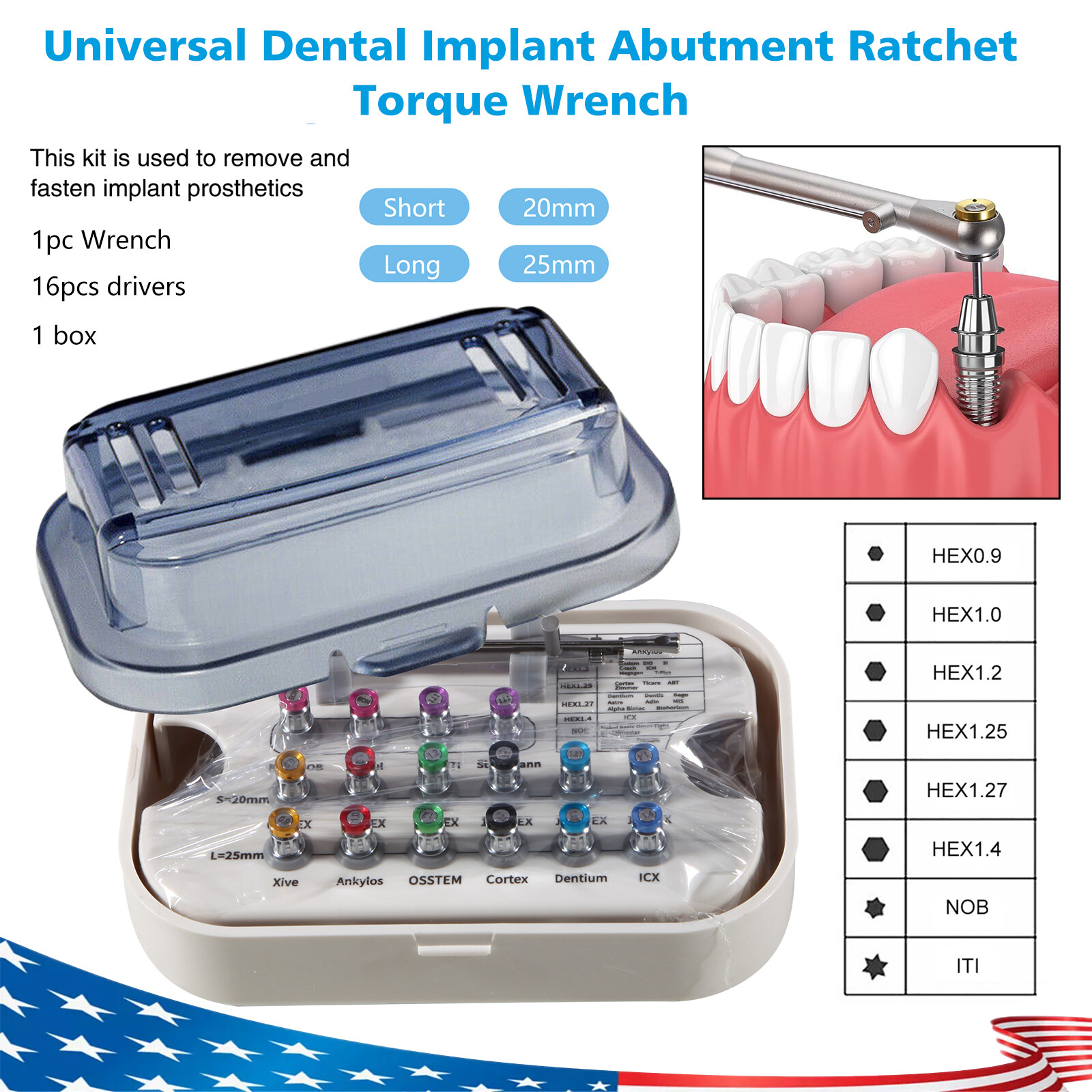 Dental Universal Implant Kit Driver Abutment Hand Hex Screw driver Long+Short