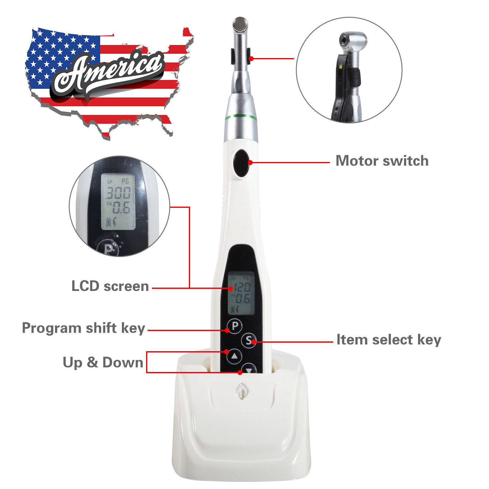 Woodpeck Style Dental Cordless 16:1 LED Endo Motor +Root Canal Apex Locator