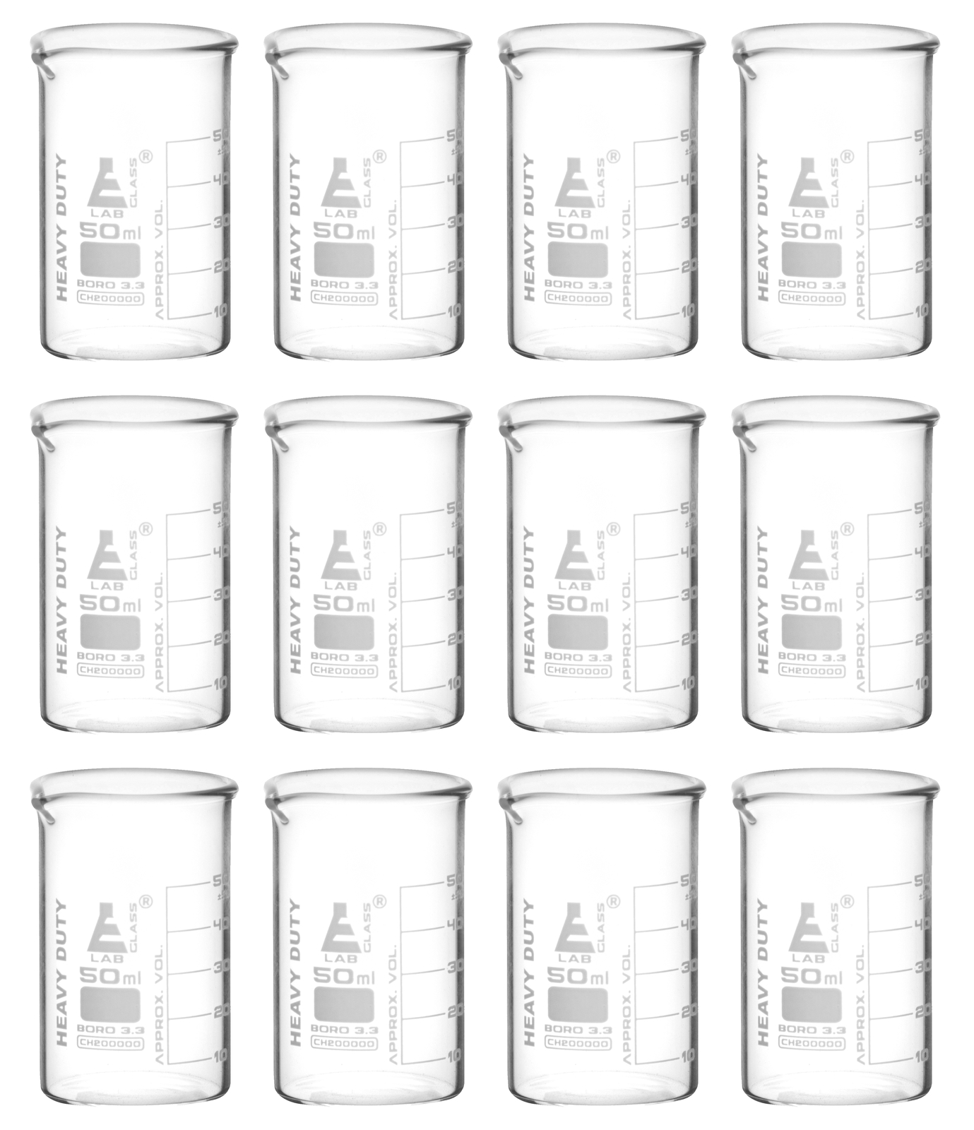 12PK Heavy Duty Beakers, 50ml – Borosilicate 3.3 Glass – Eisco Labs