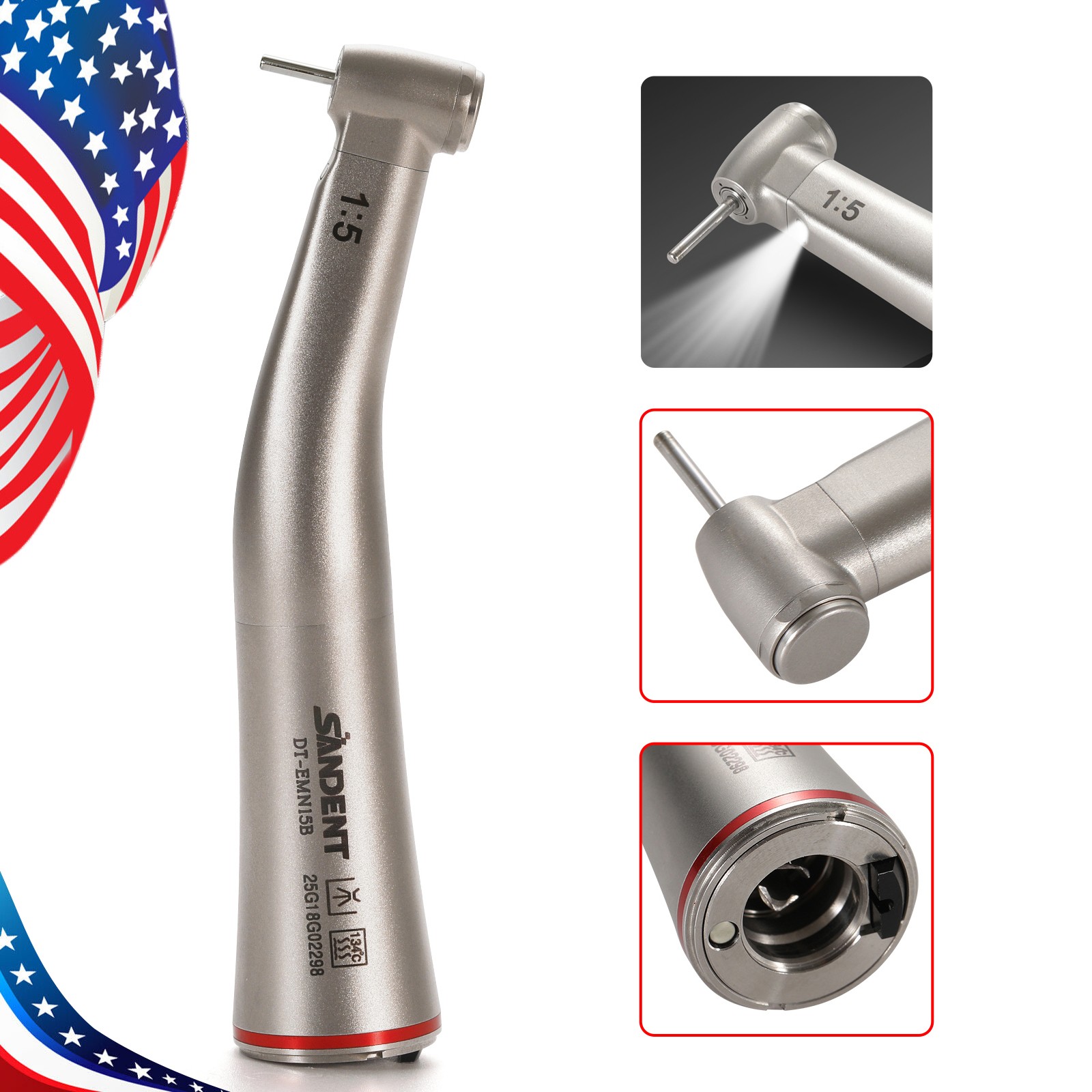 Dental 1:5 Contra Angle FG1.6mm LED Fiber Optic Handpiece MINI Inner Spray UPS H