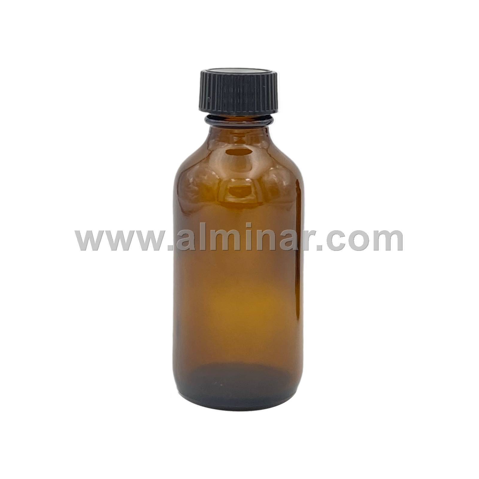Boston Round 2 oz Amber Glass Bottles With Poly Cone Lined Black Caps