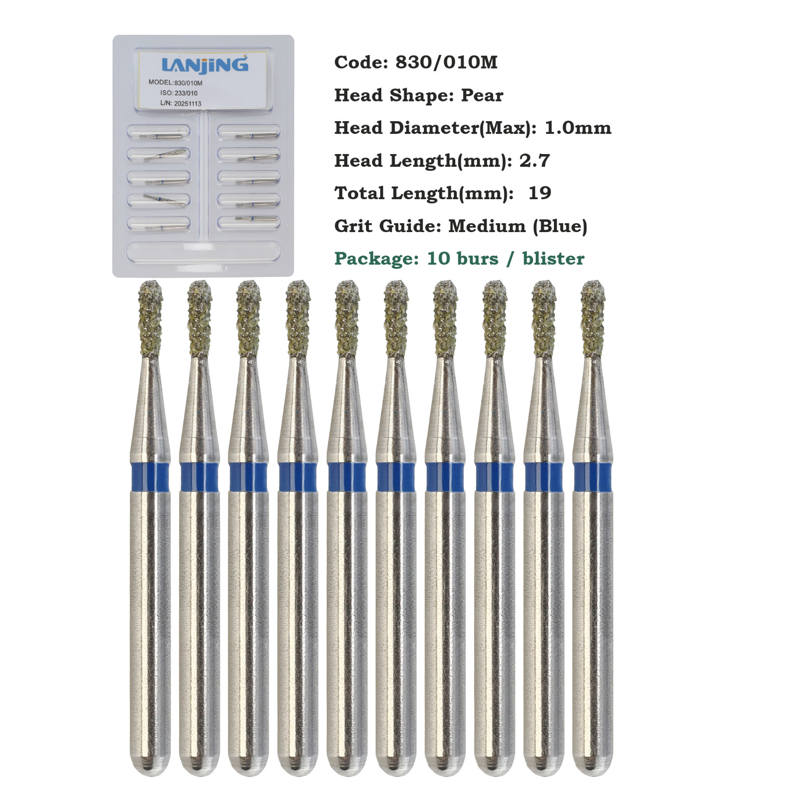 Dental Diamond Burs 330 Pear 830/010C 830/008M Medium Coarse Grit FG High Speed
