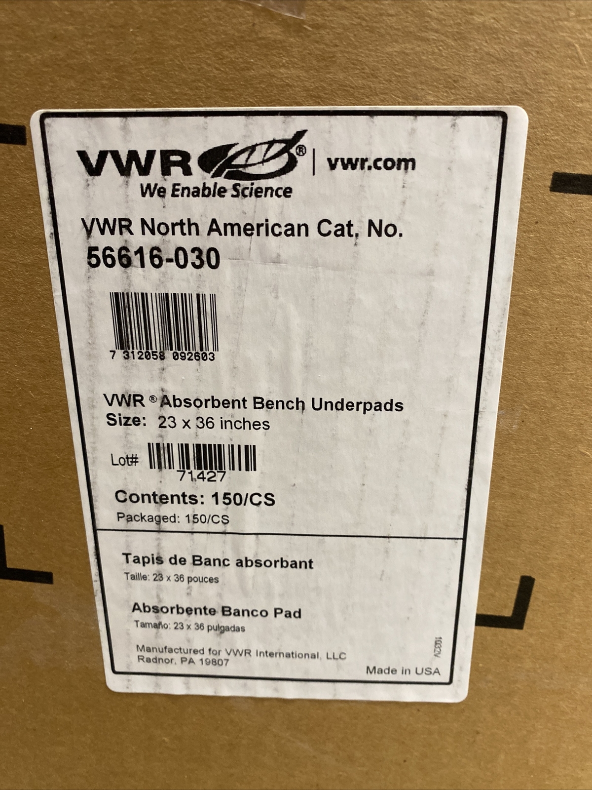 VWR Absorbent Pad with Waterproof Barrier 23 x 36 in. 150 Pads