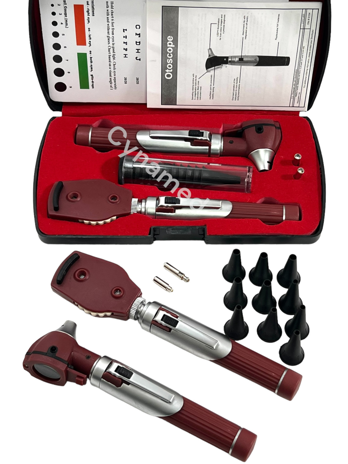 FIBER OPTIC Otoscope Ophthalmoscope Examination LED Diagnostic ENT SET-Burgundy