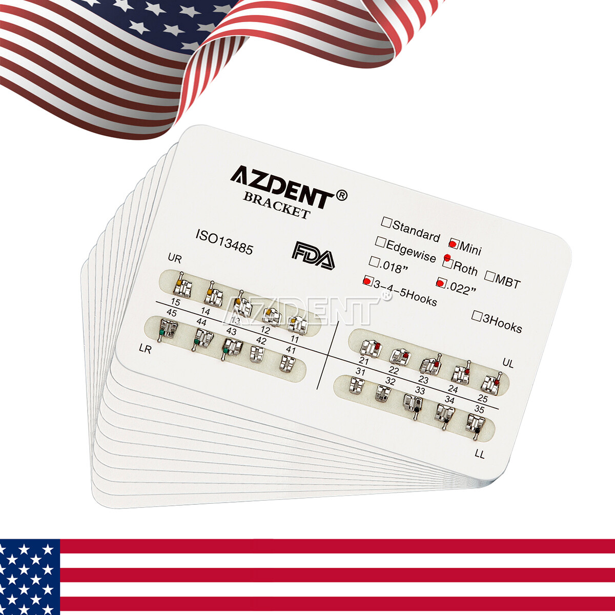 AZDENT Dental Orthodontic Brackets Braces Mini Roth Slot.022 018 Hooks 3/3 4 5