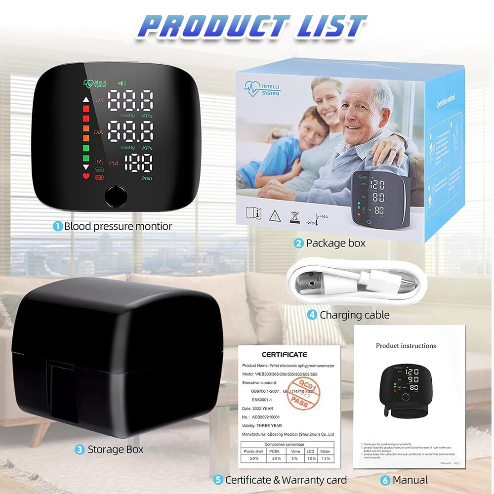 LED Blood Pressure Monitor Wrist Rechargeable Voice Broadcast Heart Rate Machine