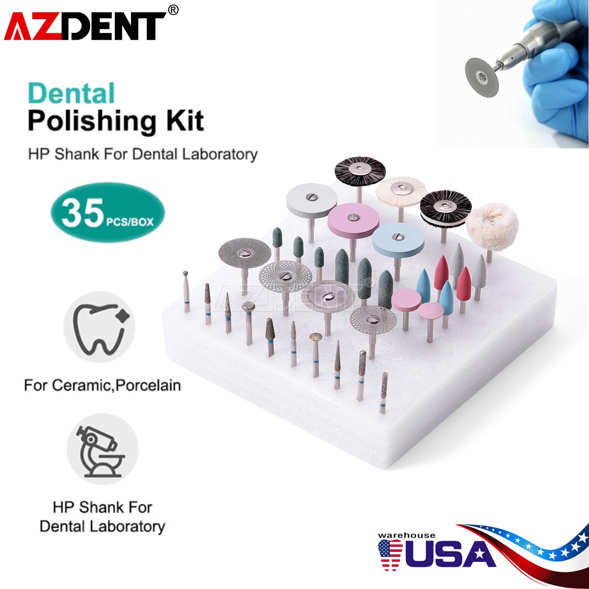 Dental Polishing Burs Kit HP Brush Stone Disc 35pcs/Kit for Ceramics Porcelain