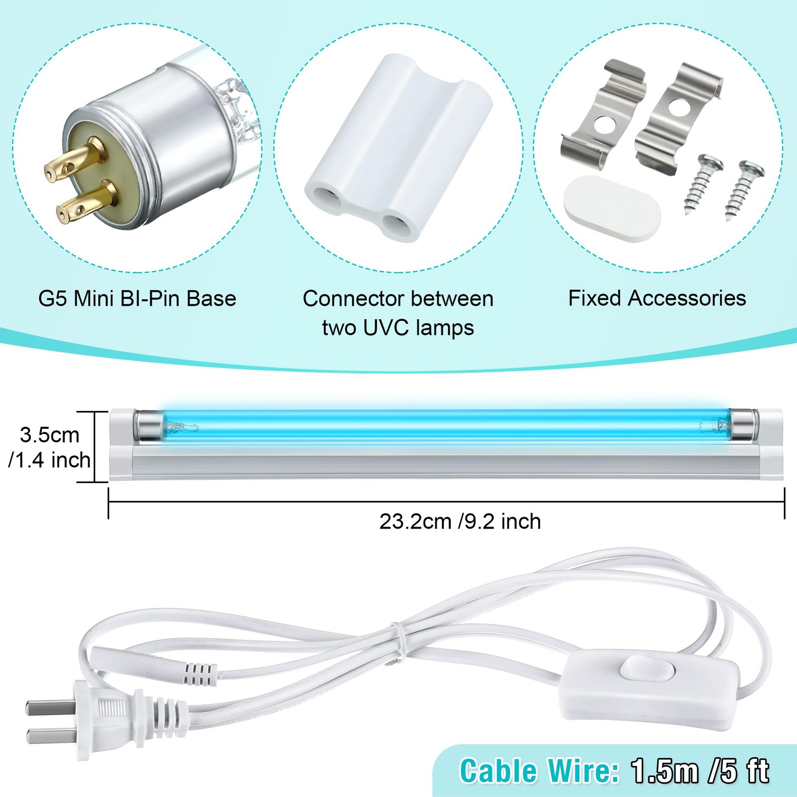 Qualirey 1 Pack UV Lamp Ozone Free, 253.7nm Wavelength UVC Germicidal 6 Watts