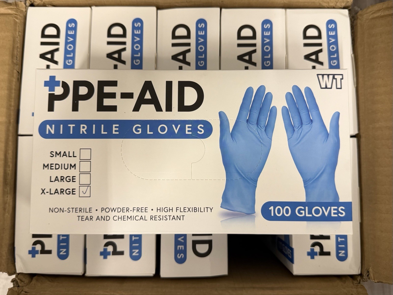 PPE-AID Nitrile Gloves X-Large 1000 Count Case 10 Boxes Powder-Free Blue NEW