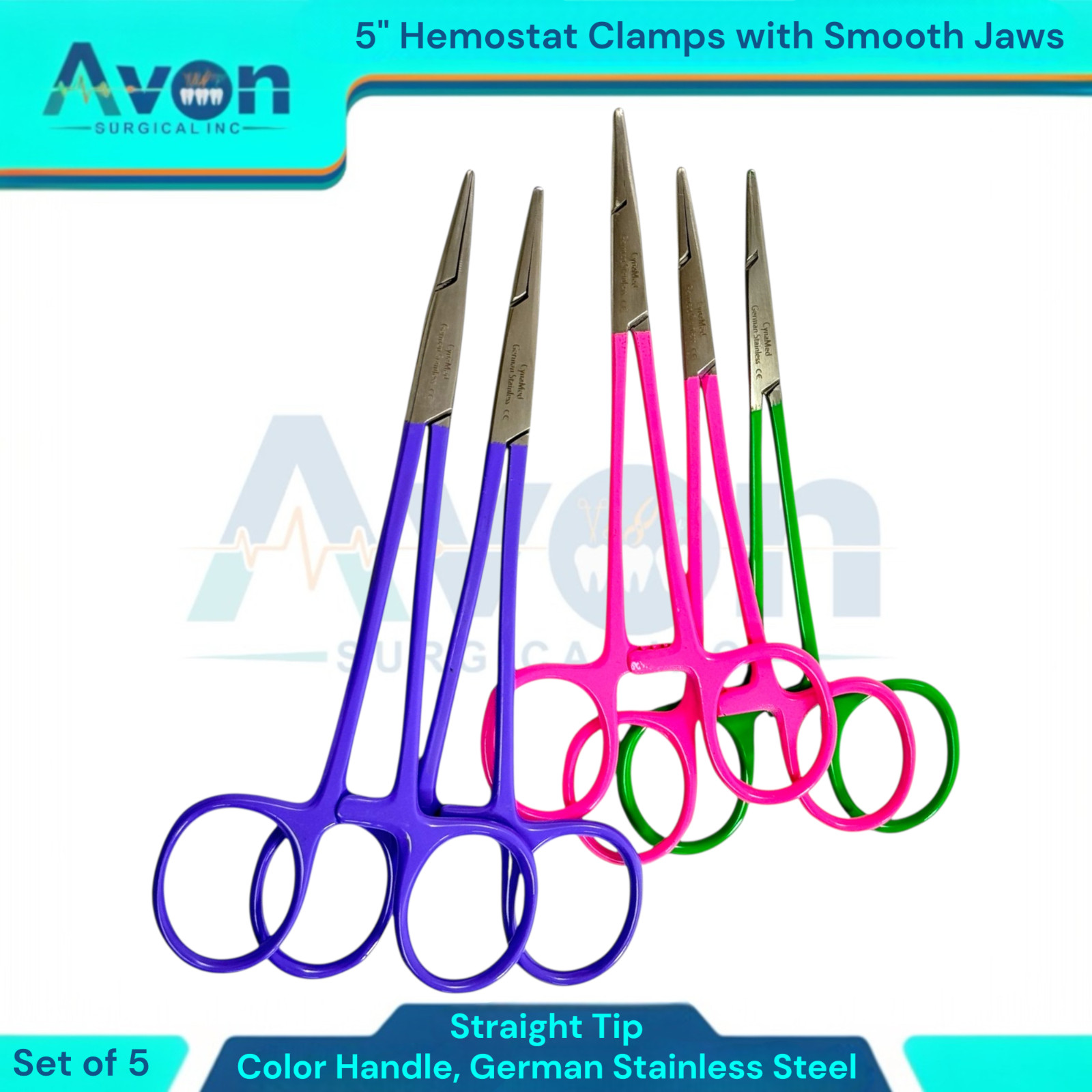 Color-Coded Hemostat Forceps 5″ with Smooth Straight Jaws – Needle Holder (5PK)