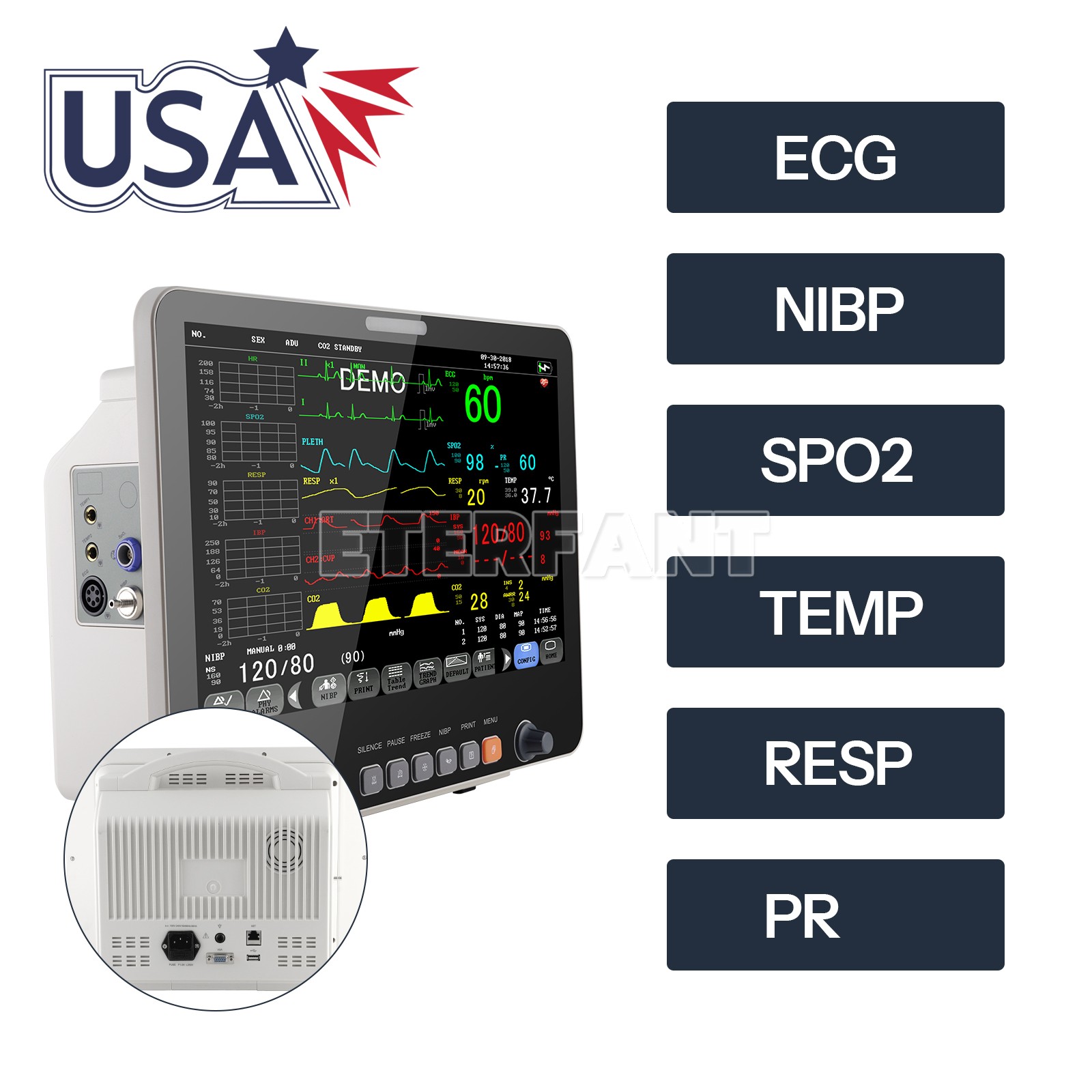 15.6″ Patient Monitor ICU CCU Vital Sign For Hospital ECG NIBP RESP TEMP SPO2 PR