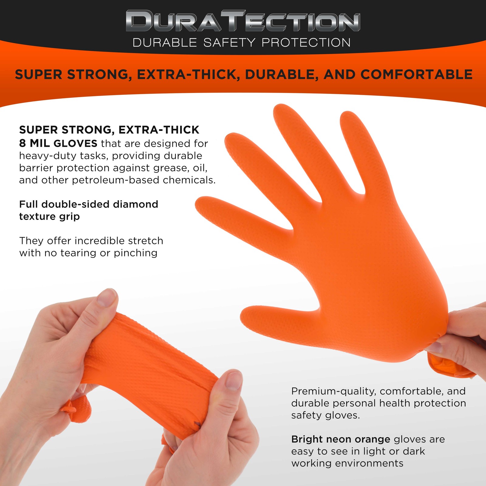 Duratection 8Mil Super Duty Diamond Textured Nitrile Gloves, Box of 100, Large