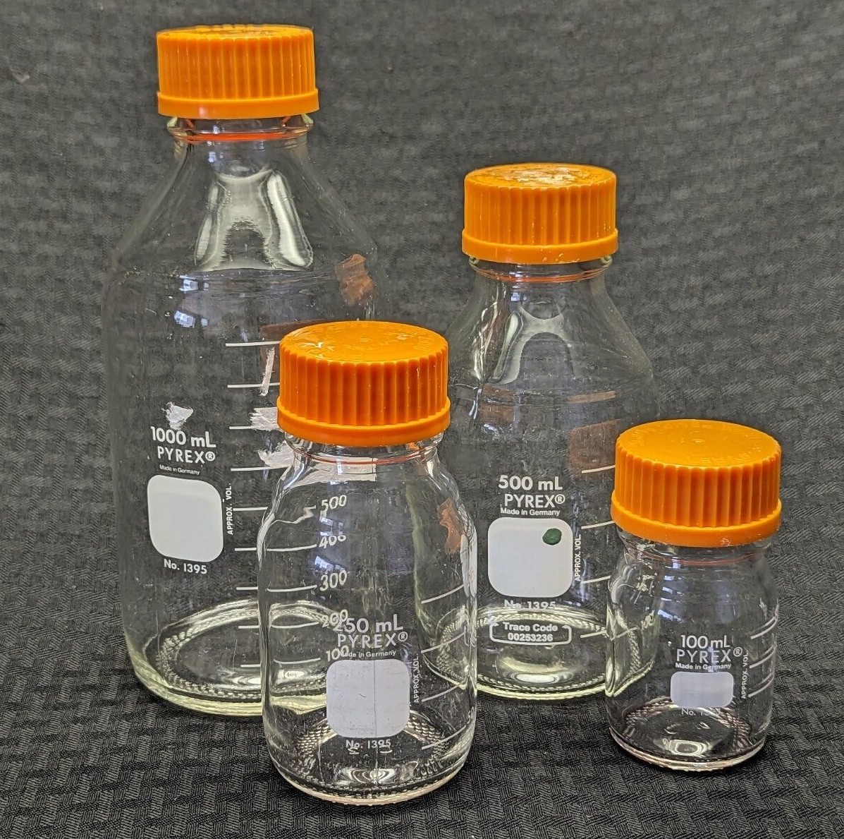 (4/pk) Lab Glass GL-45 100mL, 250mL, 500mL, 1000mL Reagent Media Storage Bottles