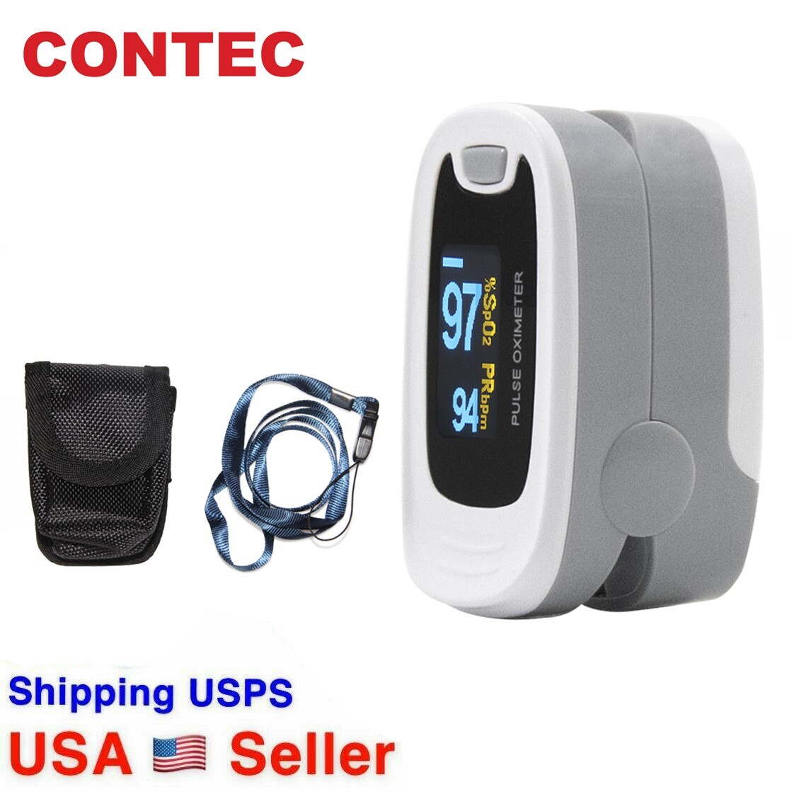 grey CMS50N OLED Fingertip Pulse Oximeter, Spo2 Monitor,Carry Case,Lanyard