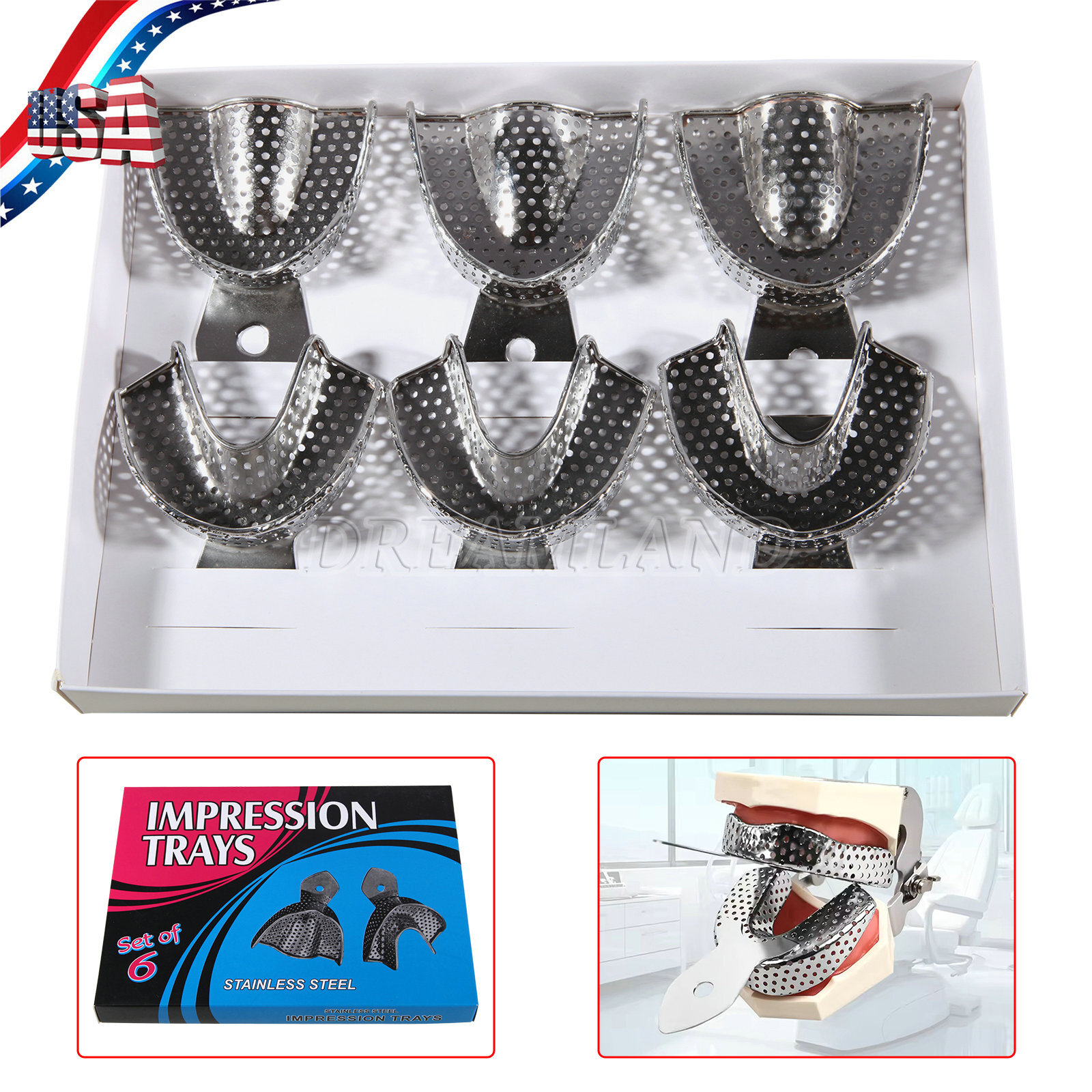 6 Pcs Perforated Metal Dental Impression Trays Set Edentulous Instruments CE