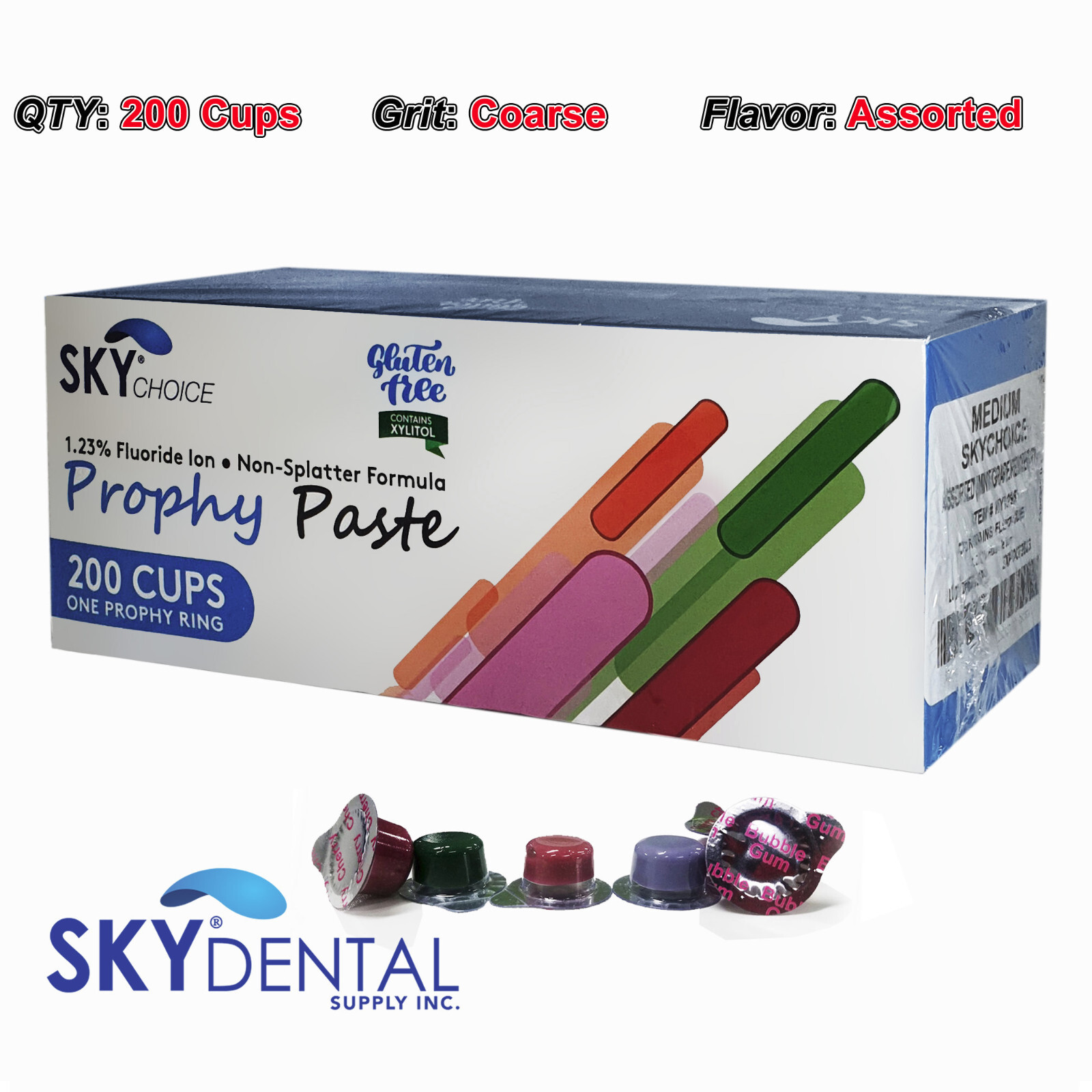 200 Prophy Paste Cups Coarse Assorted Splatter-Free Containing 1.23% Fluoride