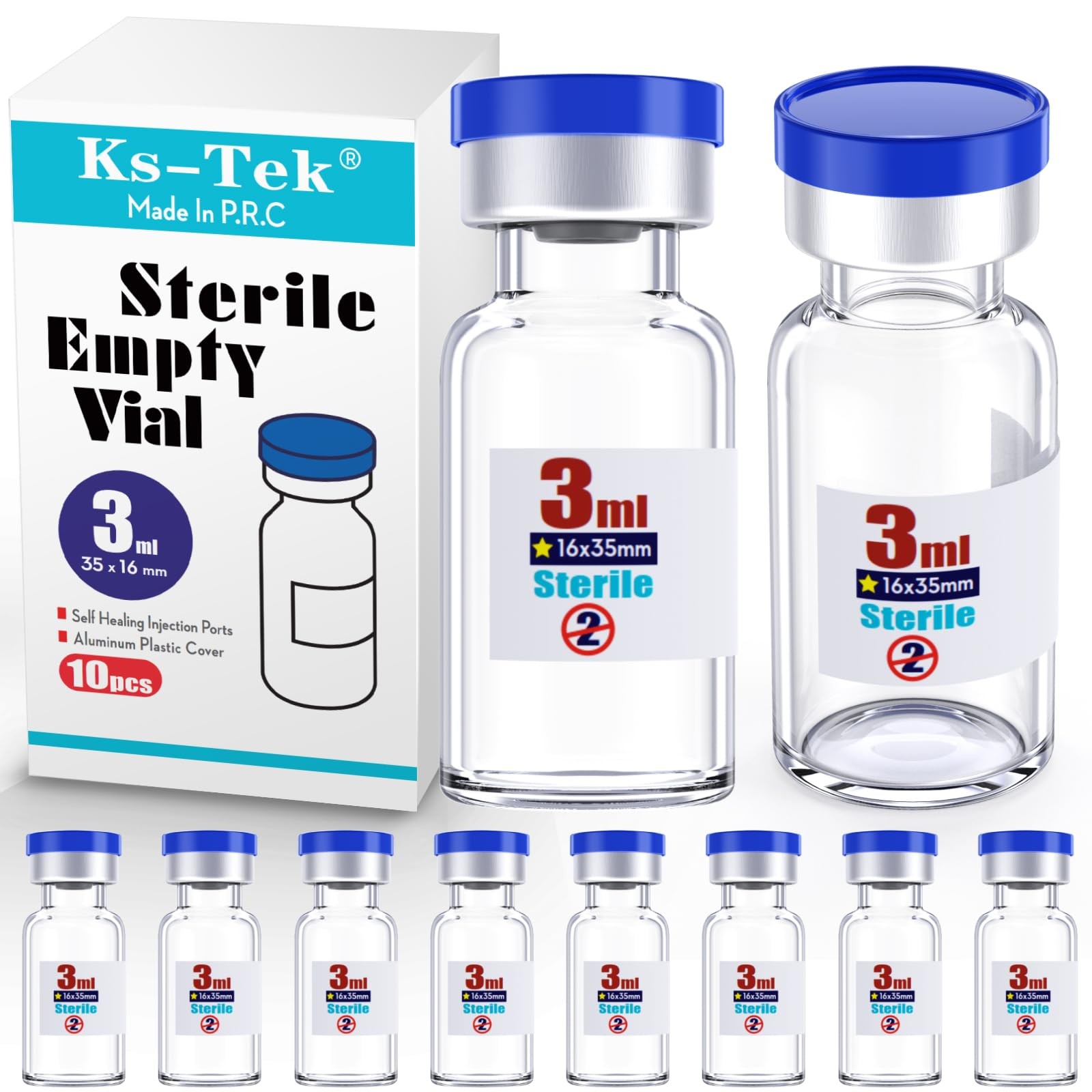 Ks-Tek Sterile Empty Vials with Self Healing Injection Port,with Flip Off 3ml