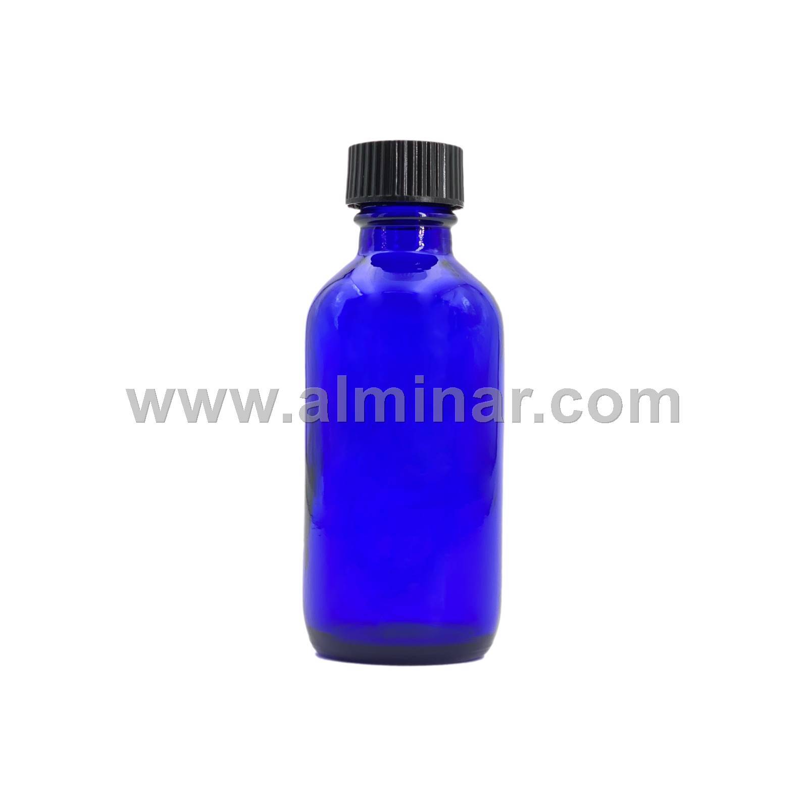 Boston Round 2 oz Cobalt Blue Glass Bottles With Poly Cone Lined Black Caps