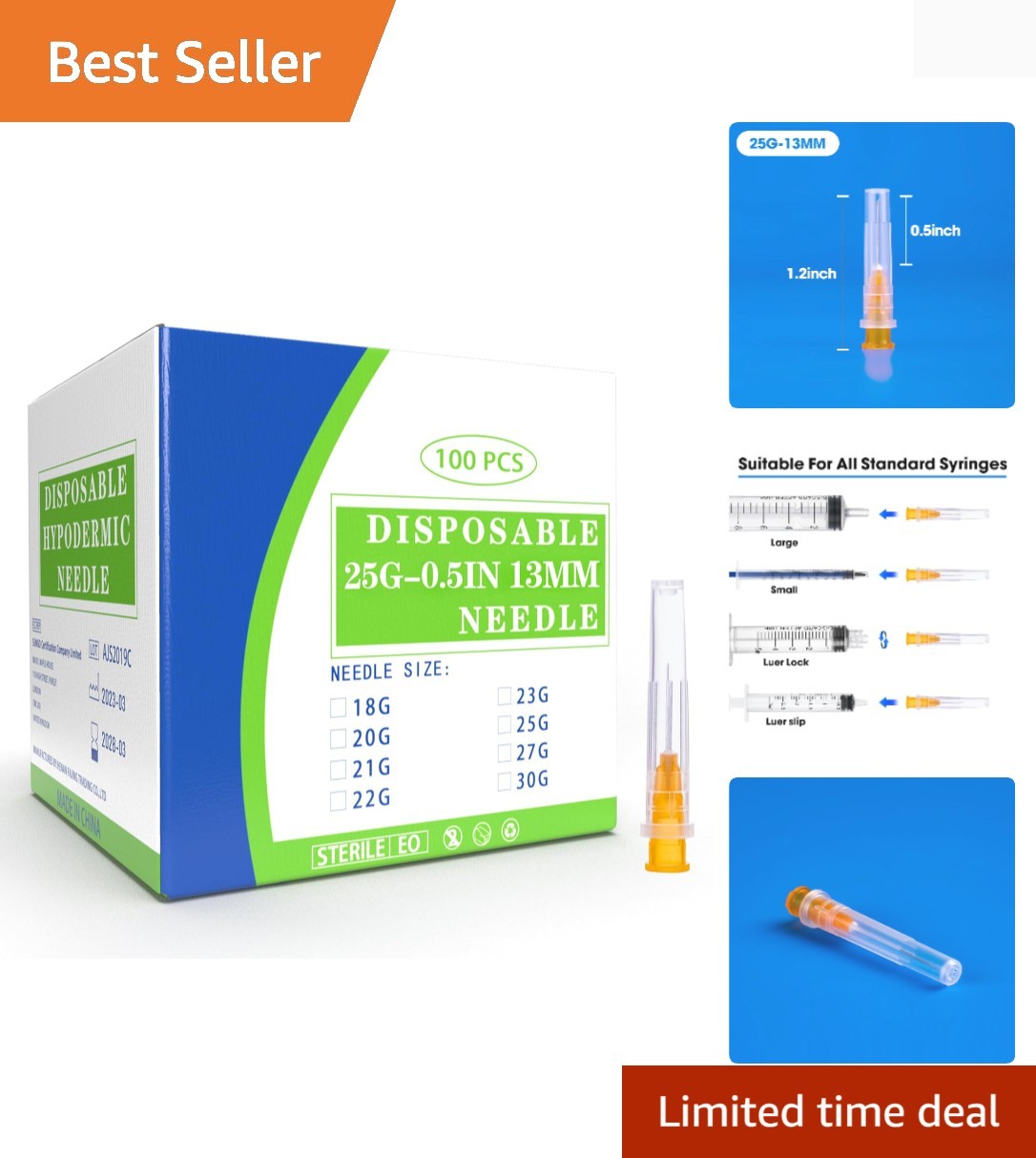 100 Pack 25 Ga 1/2 inch Disposable Needles with Caps for Scientific and Indus…