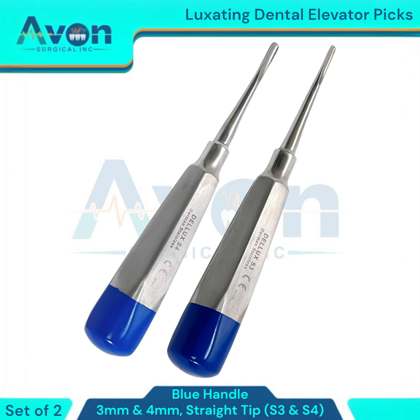3mm + 4mm Straight Tipped Root Tip Extraction Pick Elevators, Blue, Set of 2pcs